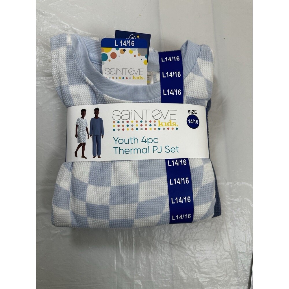 Saint Eve Youth 4 Piece Thermal Pajamas Blue/Grey Sz Large 14/16 Flame Resistant